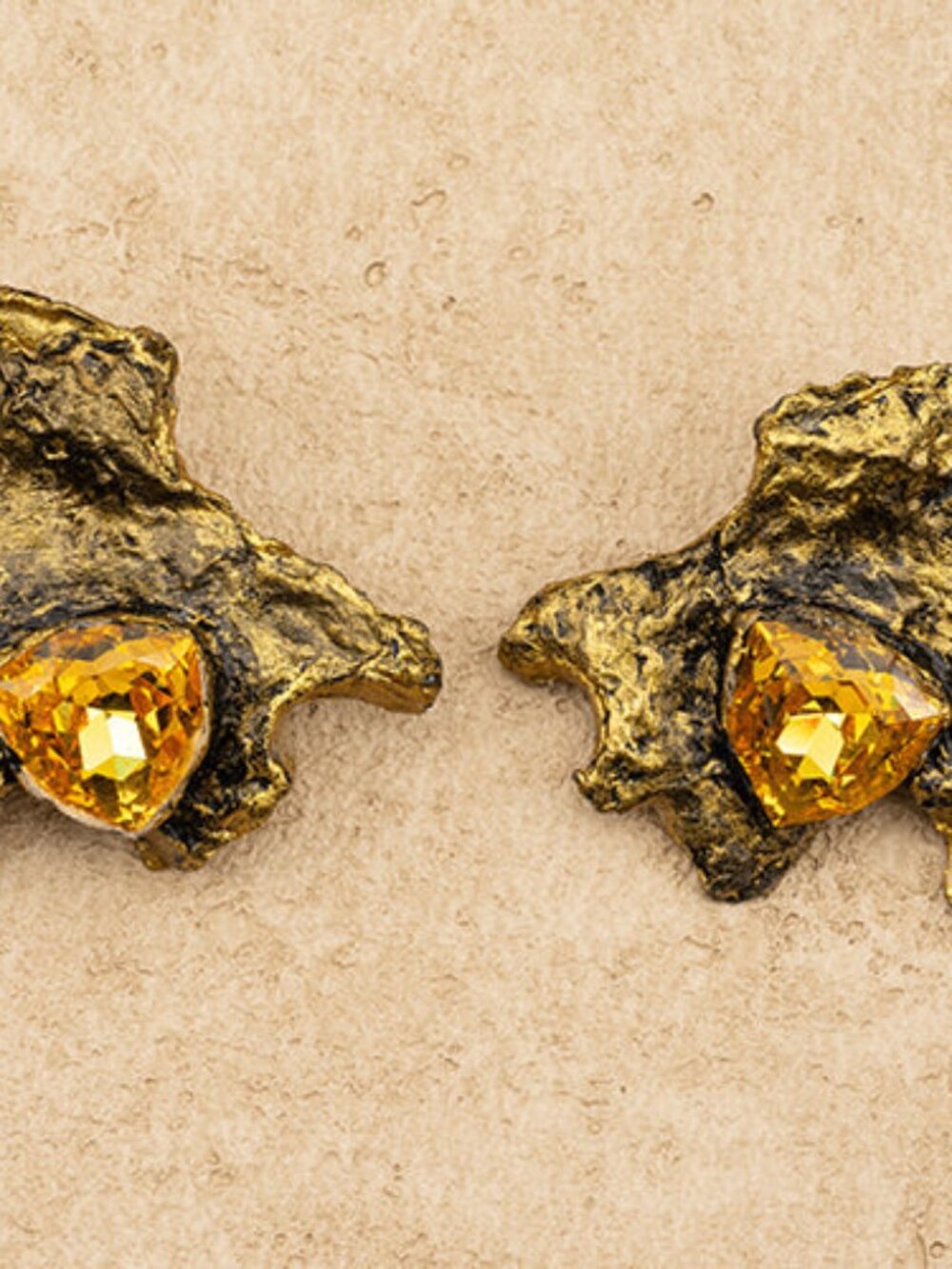 Handmade Papier-Mâché Gold Leaf Abstract Earrings, Black and Topaz